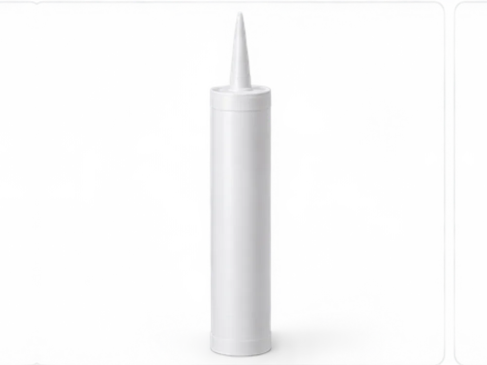A white sealant cartridge with the nozzle cut