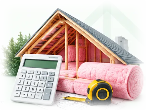 A cutaway model house with its attic framing exposed and insulation between the rafters, beside a calculator, a tape measure and a rolled batt of insulation