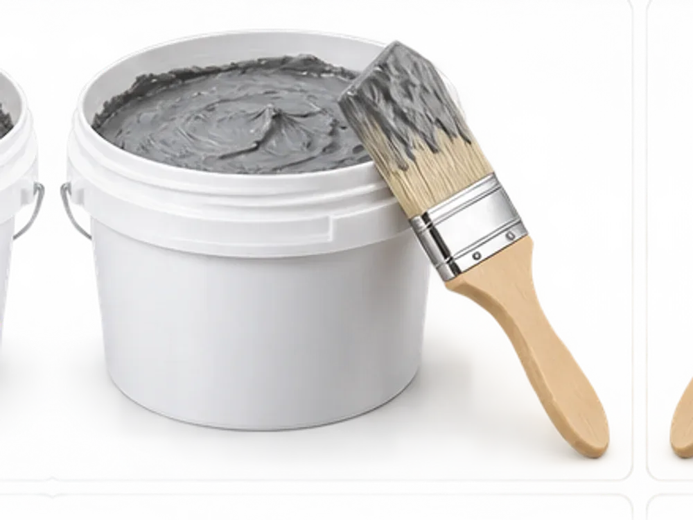 An open tub of grey duct mastic with a brush resting on the rim