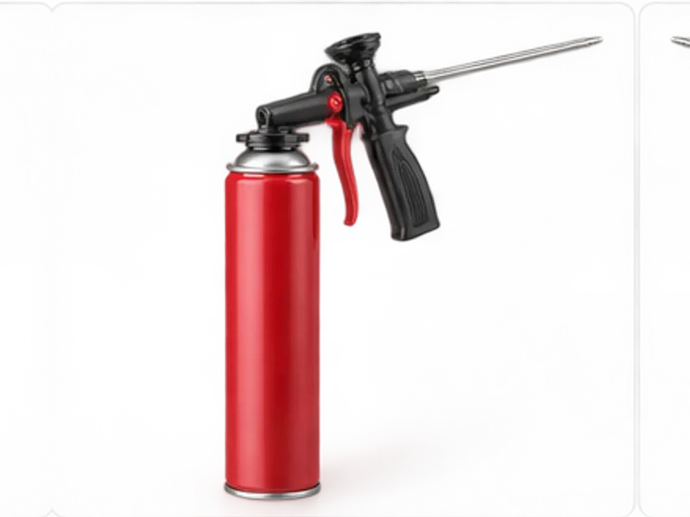 A red canister of expanding foam fitted to a professional applicator gun