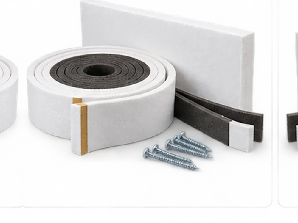 An attic hatch kit: a rigid foam panel, a coil of foam weatherstrip and fixing screws