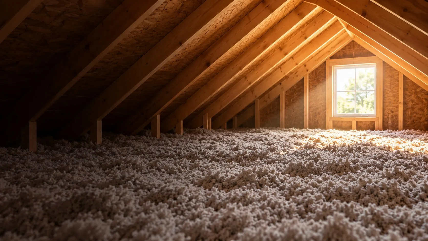 An attic floor covered in deep loose-fill insulation between exposed rafters, lit by a gable window