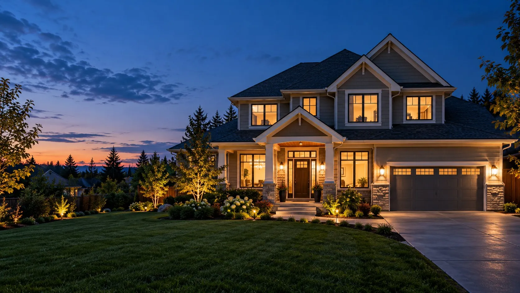 A two-story suburban house at dusk with warm light in every window