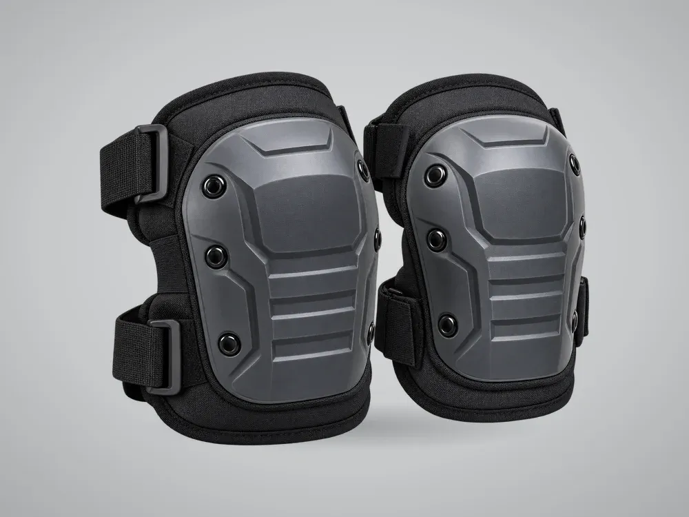 A pair of work knee pads with hard caps and adjustable straps