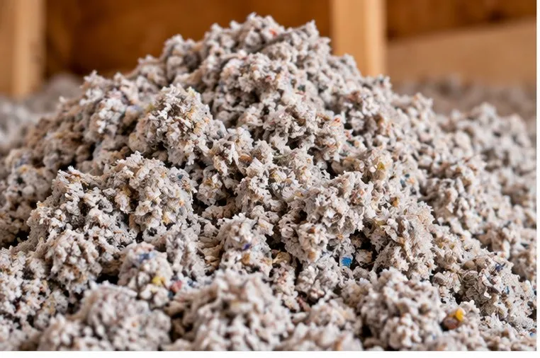 Close-up of loose cellulose insulation — gray shredded recycled paper
