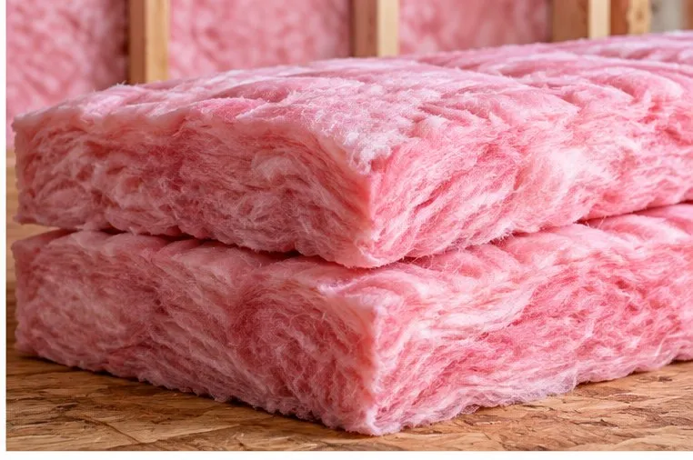 Close-up of stacked pink fiberglass batts showing the fiber texture