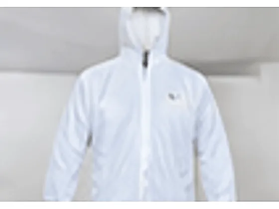 A white hooded disposable coverall suit