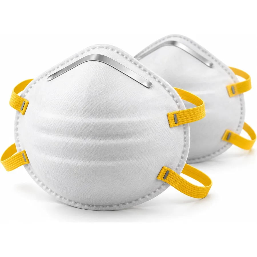 Two white N95 disposable respirator masks with yellow head straps and a metal nose clip