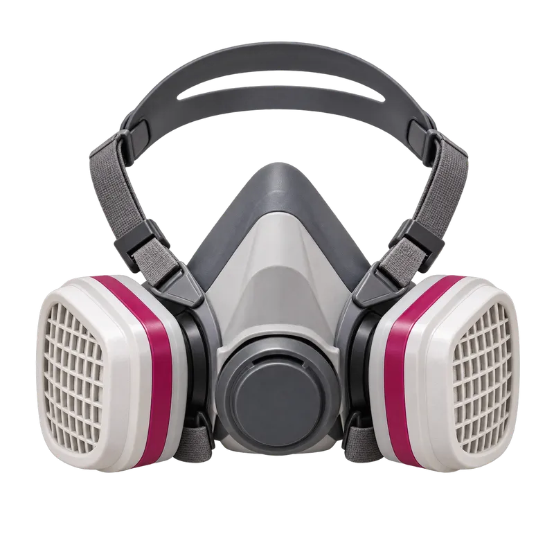 A gray half-mask respirator with two magenta-banded particulate cartridges and head straps