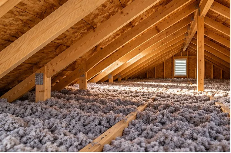 An attic floor filled with gray blown cellulose between wooden joists, gable vent at the far end