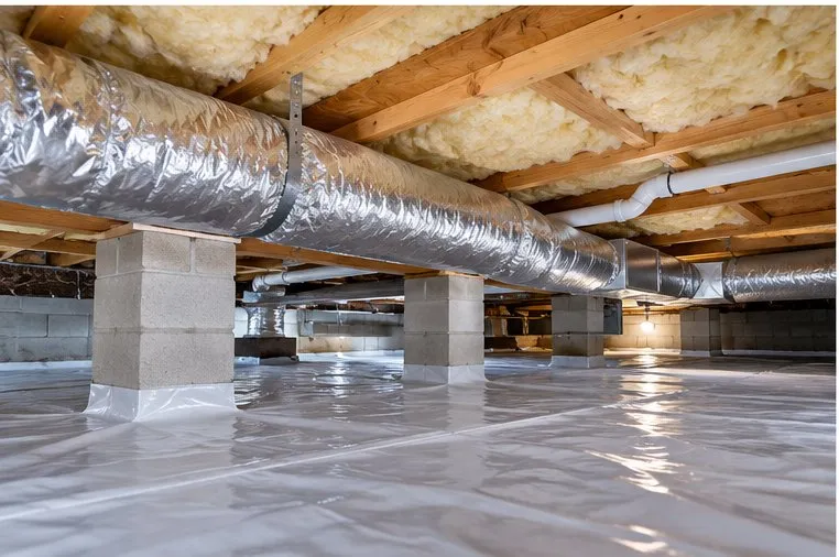 A crawl space with insulated floor joists above, ductwork, and a vapor barrier over the ground