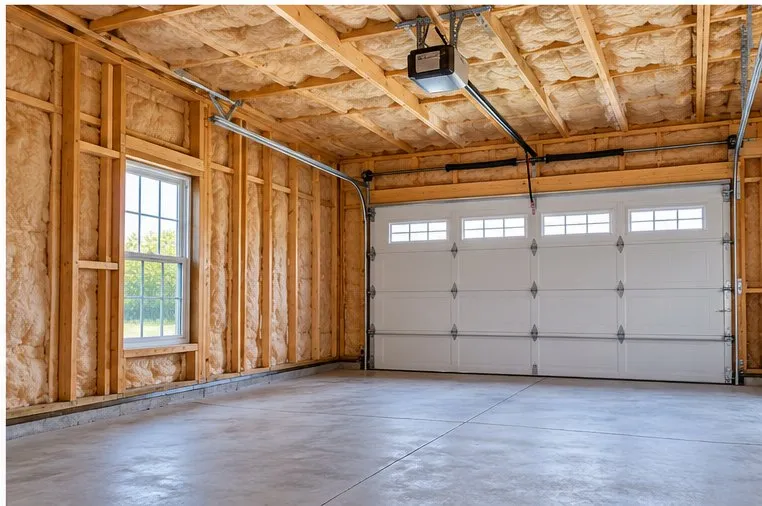 A garage interior with insulation visible between the ceiling joists and wall studs