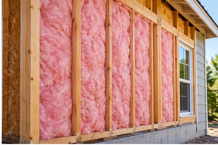 Pink fiberglass batts fitted between wall studs in a partially sheathed exterior wall
