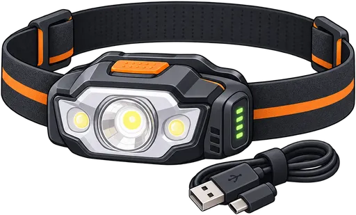 A rechargeable LED headlamp with its USB-C charging cable