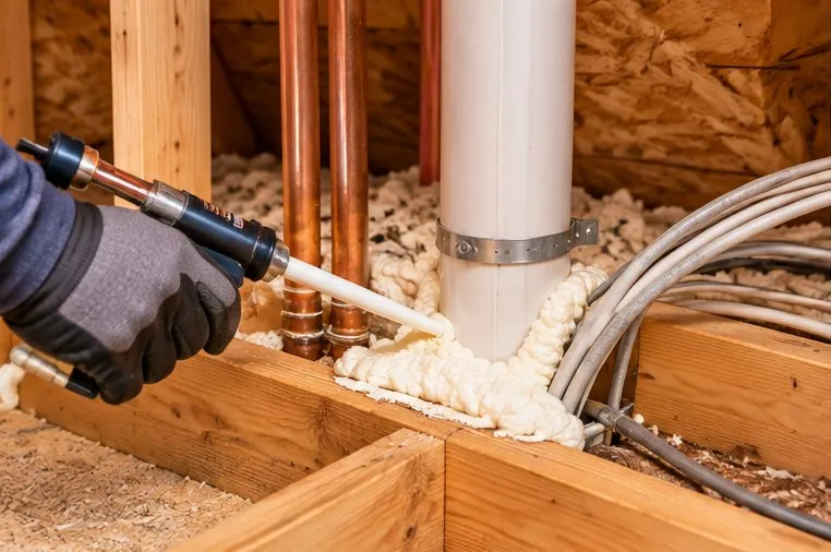 A gloved hand applying foam sealant around copper pipes and a vent stack penetrating the attic floor