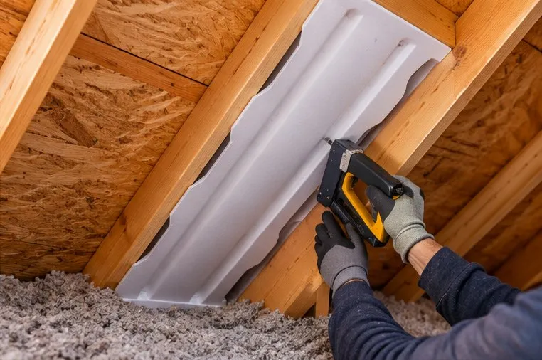 A worker stapling a white rafter vent baffle between roof rafters above the insulation