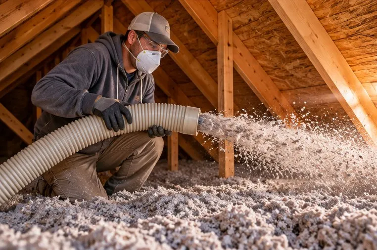 A worker in a dust mask blowing loose-fill insulation across an attic floor through a wide hose