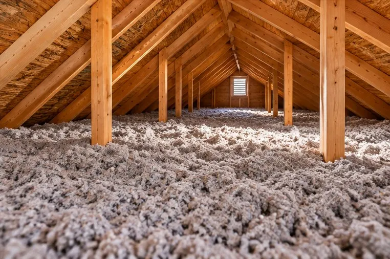 A finished attic with an even, deep layer of loose-fill insulation across the whole floor
