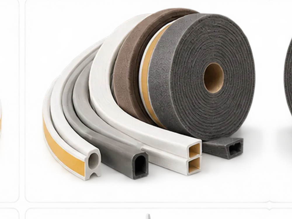 Coils of foam and rubber weatherstrip in several profiles, with adhesive backing
