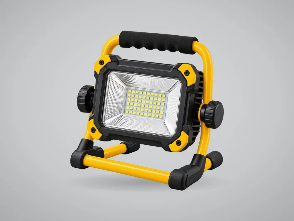 A rechargeable LED work light on a folding stand